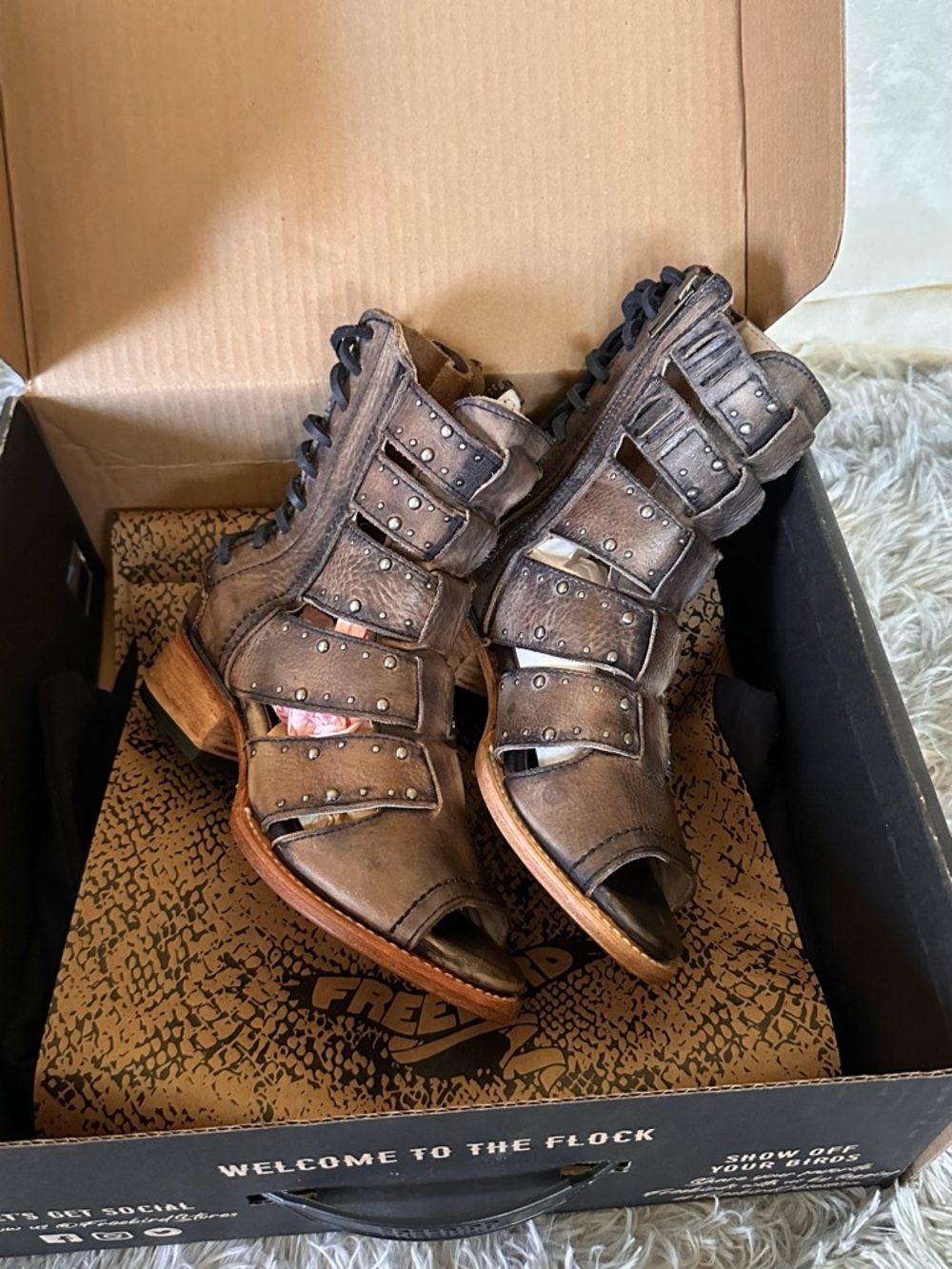 Freebird multi-black GHOST, open toe lace up back bootie.size 5